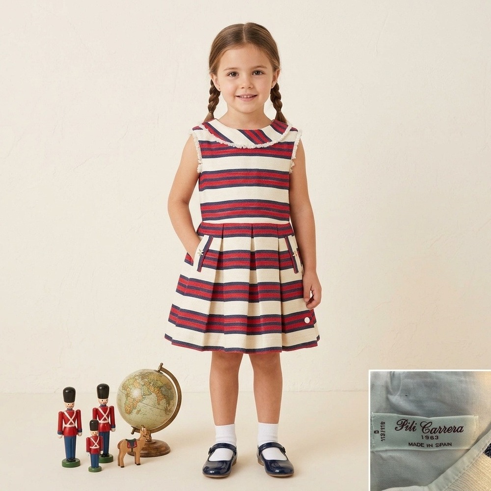 Pili Carrera Striped Dress Kids Size 6 Red White Blue Nautical Peter Pan Spain